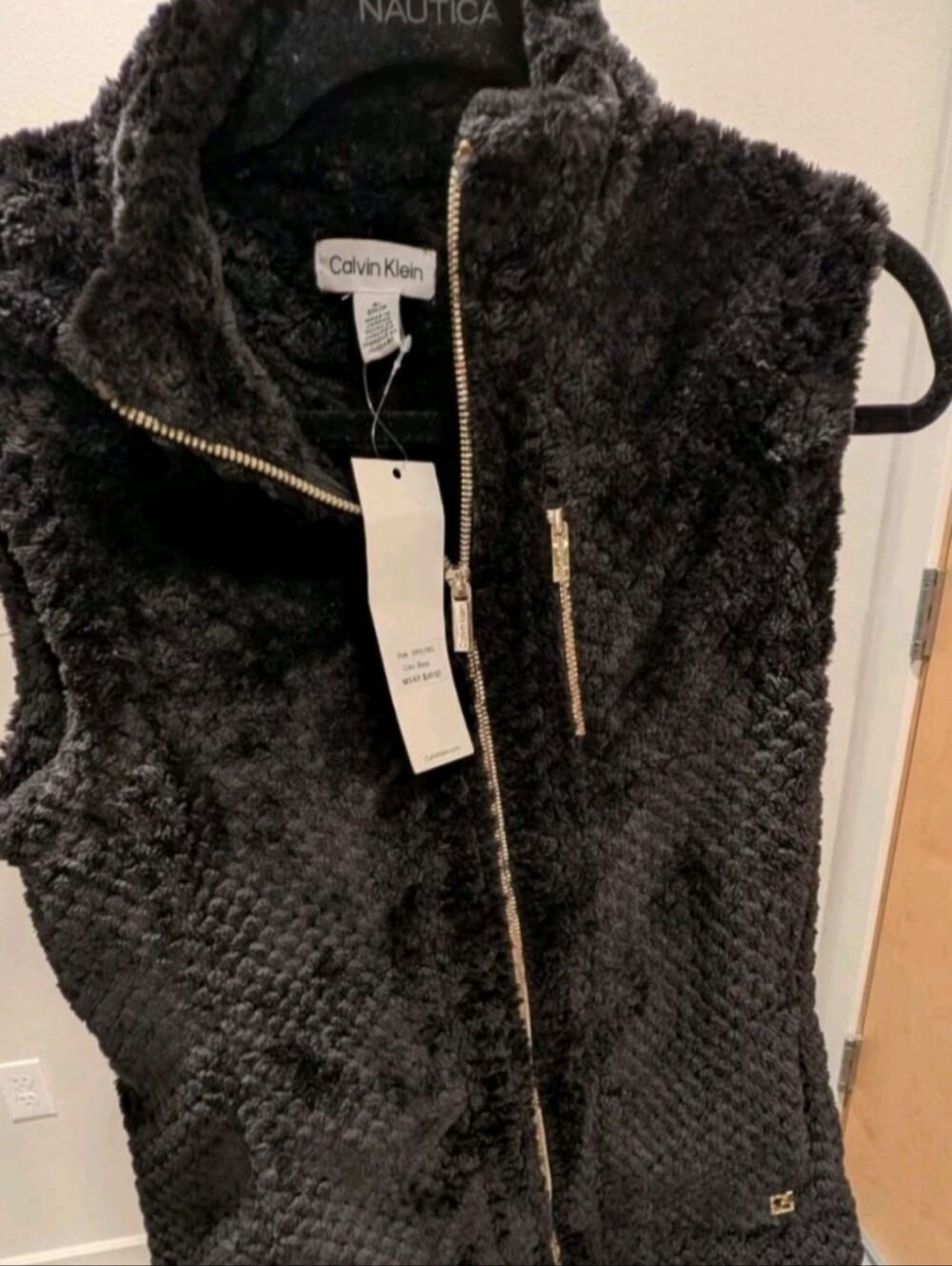 New Calvin Klein Black Sherpa Zip Vest with Gold Hardware
